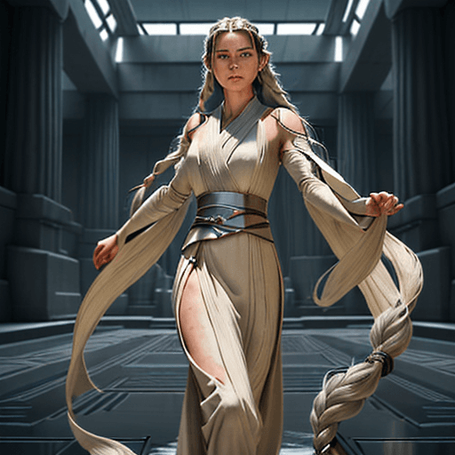 AI generated: A powerful and elegant Female Jedi standing confidently in the midst of the Jedi Temple, her robes f...