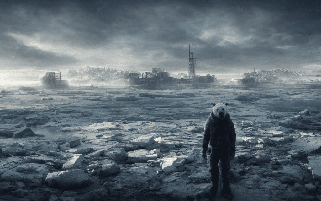 AI generated: Landscape, post-apocalyptic, cyberpunk polar bear, standing on a floating iceberg, in front of the n...