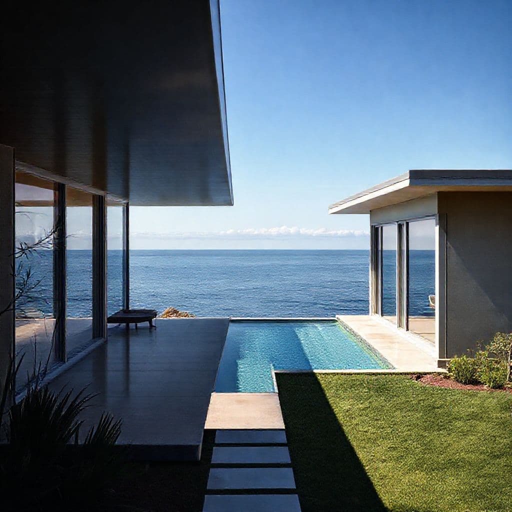AI generated: Hyper realistic eye level exterior photo of a mid century modern style house overlooking the ocean, ...