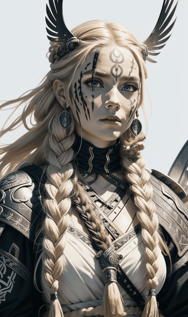 AI generated: drawing of a Viking warrior woman with braided hair, wearing war paint on her face, feathers in her ...