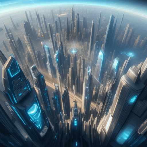 AI generated: futuristic city seen from above, with flying cars