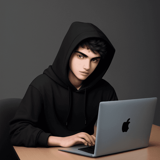 AI generated: A 21 year old chilled Developer with black background wearing a black hoodie sitting with his grey c...
