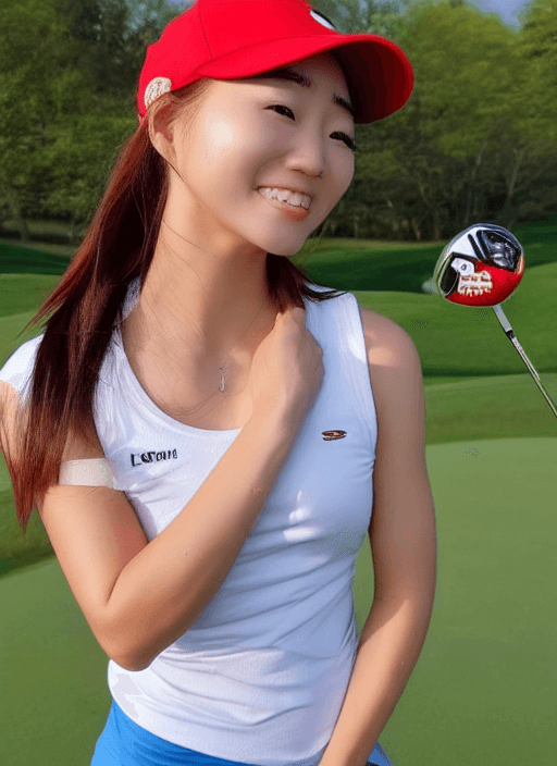 AI generated: 1 girl, beautiful , pro golf , full body, colour photo , standing pose, hit , wearing white cap, (ti...