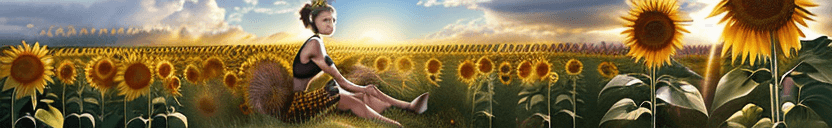 AI generated: HDR photo of woman sitting in a field of sunflowers on a bright sunny day, her hair is up in a messy...