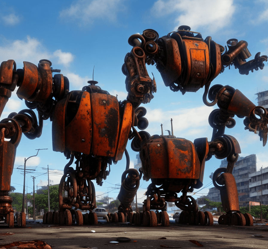 AI generated: a  lost  rusted big mech is dead. It is lying on the ground in the street in a  favela. Terrified pe...
