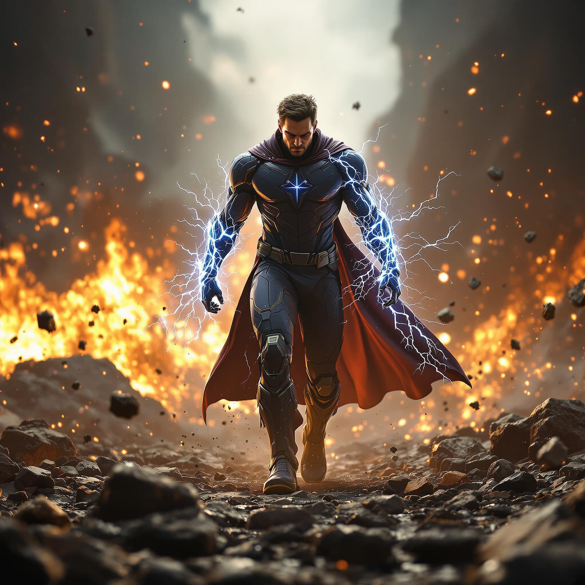 AI generated: front view of a PHOTOrealistic superHERO walking towards the camera as the ground is exploding and r...