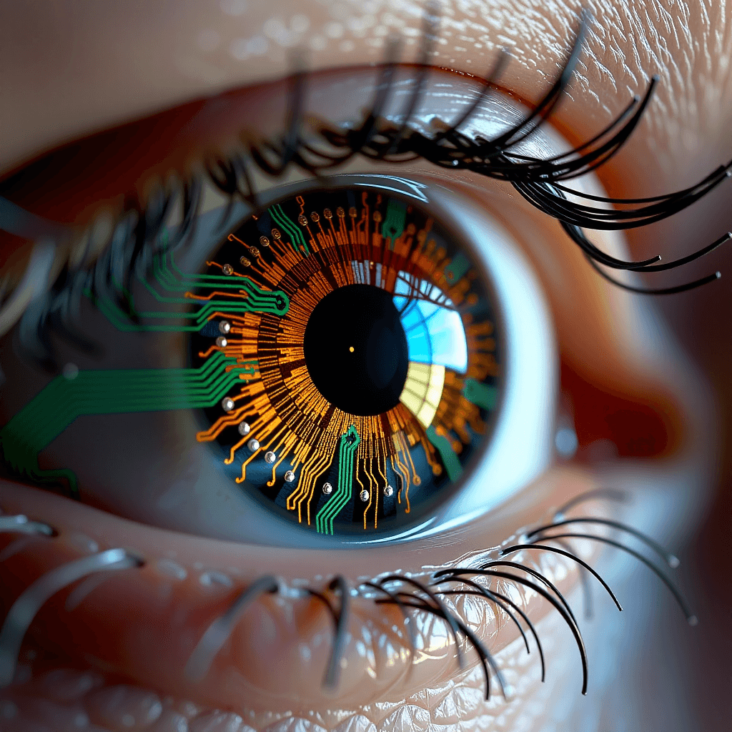 AI generated: A hyper-realistic human eye, the iris is a complex, circular printed circuit board with glowing blue...