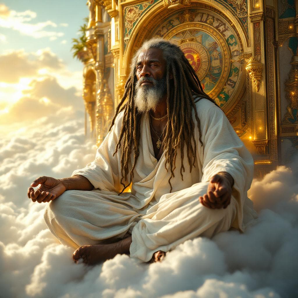AI generated: A stunning, ultra-realistic cinematic image of a colossal 100-foot-tall Rastafarian elder seated in ...