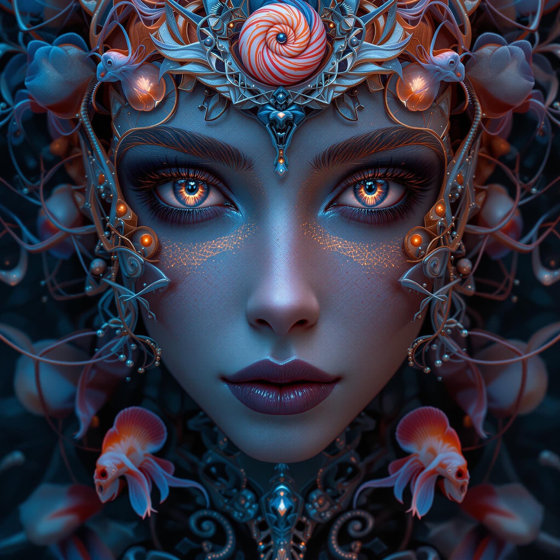 AI generated: Goddess close-up portrait ribcagel. jellyfish phoenix head, nautilus, orchid, skull, betta fish, bio...
