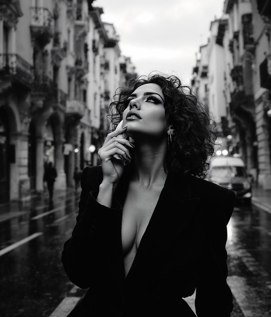 AI generated: Black and white photograph of a woman in NYC, cinematic 
