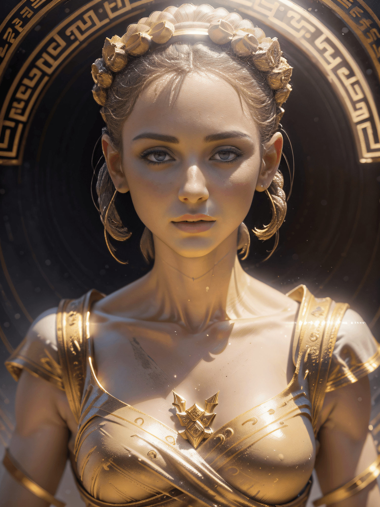 AI generated: half body shot, face shot, An ancient greek godness, made by white marble, cinematic lighting, white...