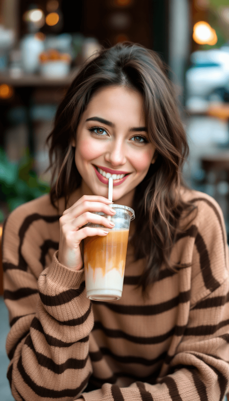 AI generated: A woman sitting outdoors, sipping a drink from a transparent cup with a straw, wearing a brown strip...