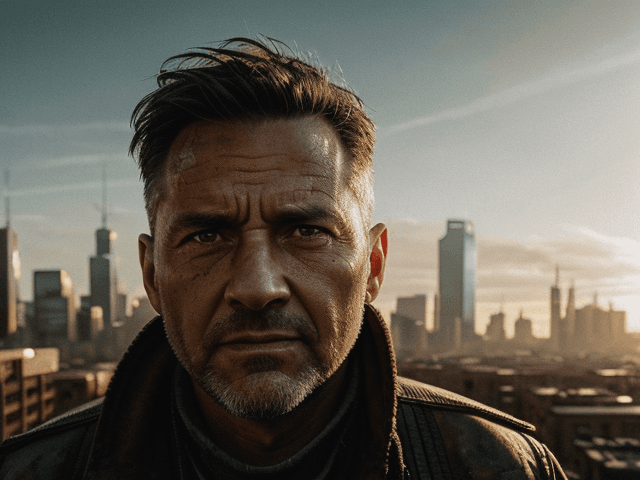 AI generated: A 40 years old man in a post-apocalyptic city, photorealistic, Hyperrealistic, Hyperdetailed, analog...
