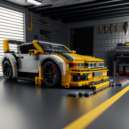 AI generated: A Lego car in a garage scene, lego set, highly detailed, intricate, technical, unreal engine 5, 8k, ...