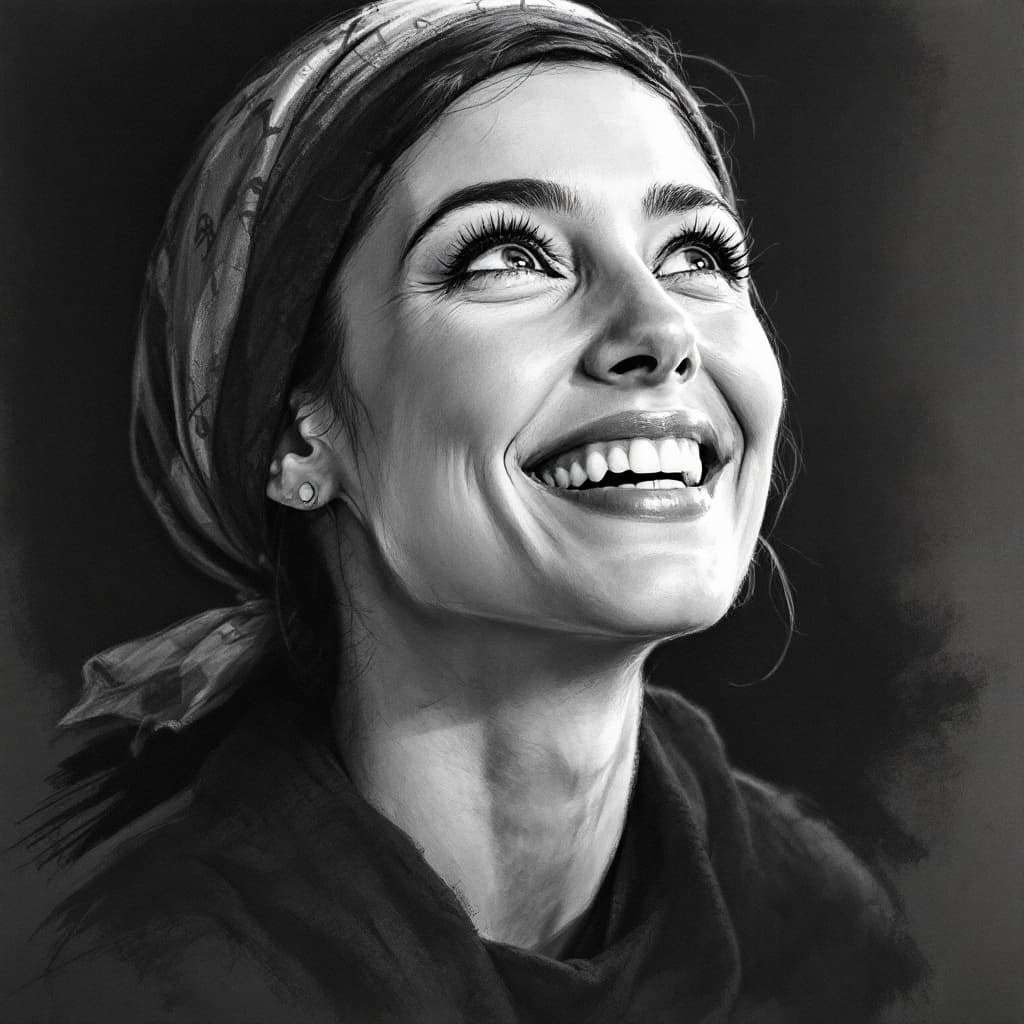 AI generated: Attractive woman, 30s, charcoal sketch, expressive, looking slightly up, wearing a little scarf on h...