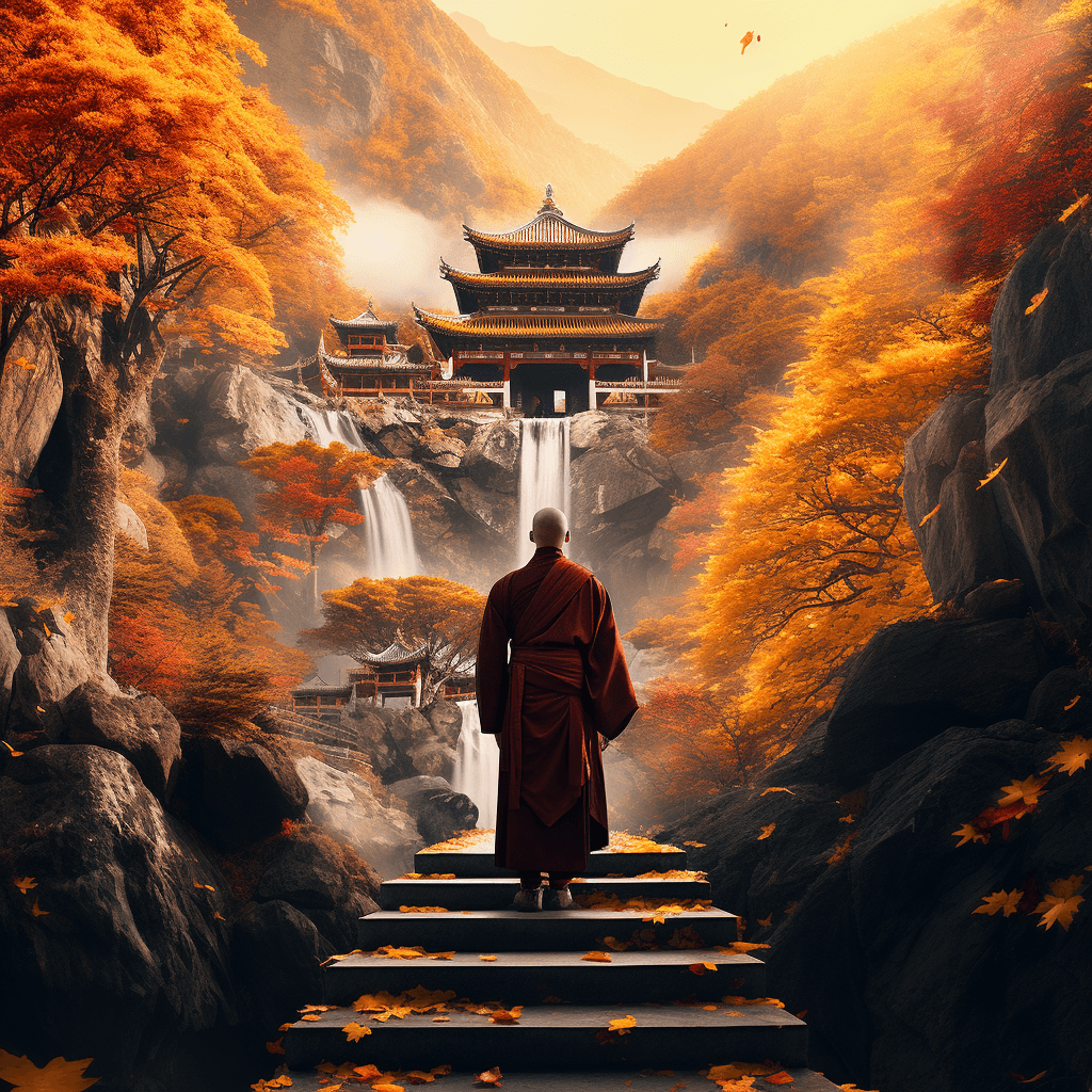 AI generated: Step into a breathtaking fantasy world during the serene fall season. A tranquil monk, in regal robe...
