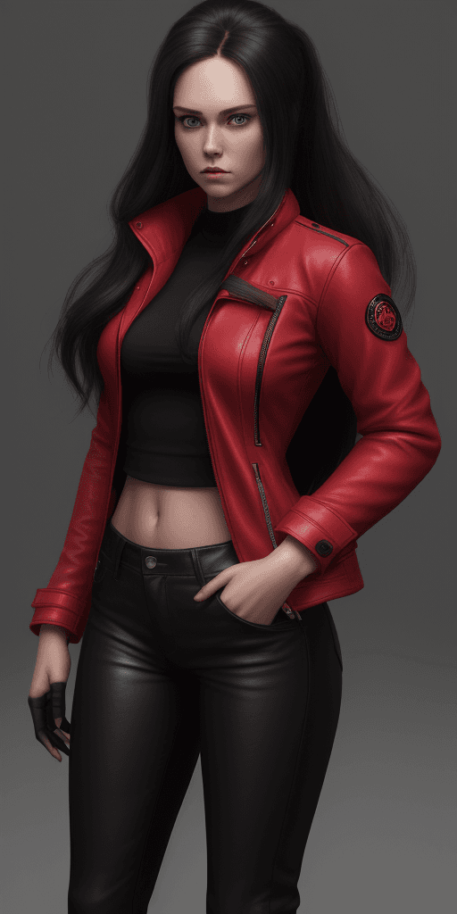 AI generated: a woman standing, the face like Amy Johnston, (red jacket:1. 4), (black pants:1. 5), (long hair:1. 4...