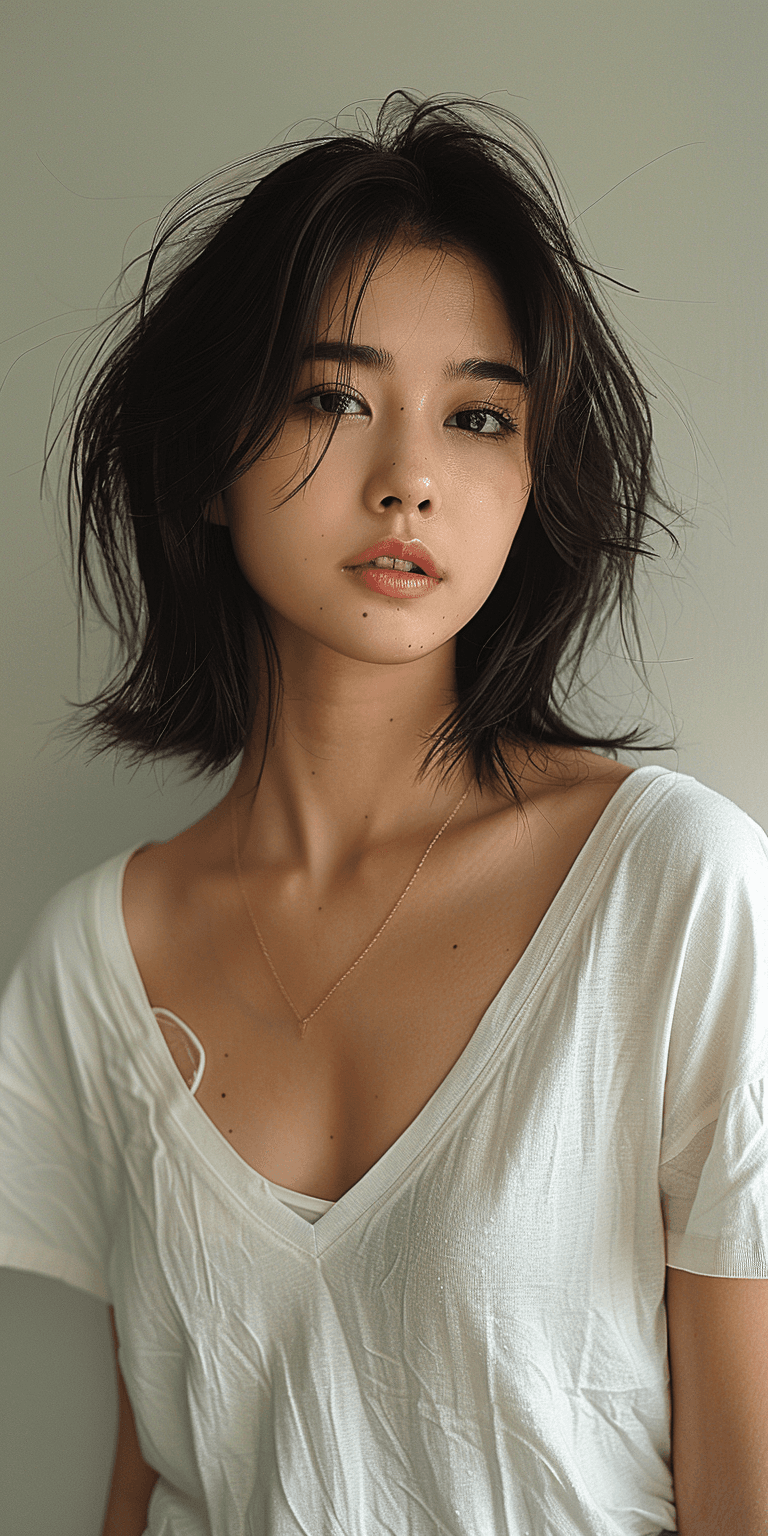 AI generated: photo of an Asian girl with short hair wearing a v-neck t-shirt, kPop style, neutral background to h...