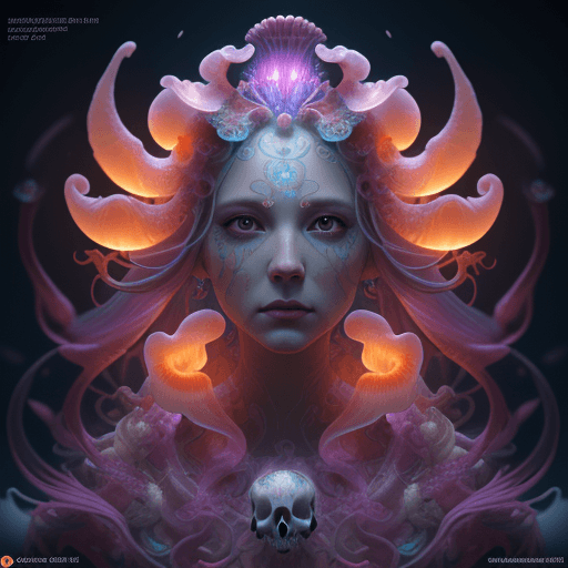 AI generated: Goddess close-up portrait ribcagel. jellyfish phoenix head, nautilus, orchid, skull, betta fish, bio...