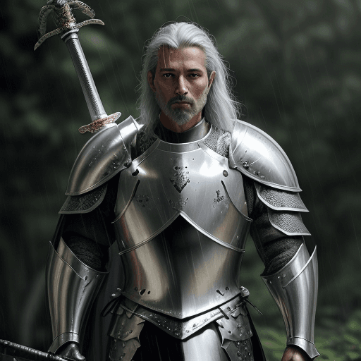 AI generated: real life portrait photo of a man wearing shiny silver armor while holding a long sword, the knight ...