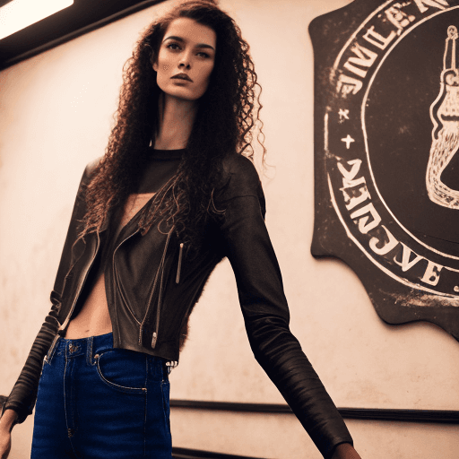 AI generated: Photo of tall, slender woman at a dive bar. Long, curly dark brown hair, strong features, dark eyes....