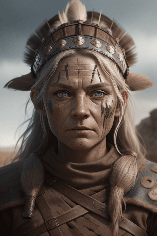 AI generated: a strong viking female warrior, wrinkled face, bright brown eyes,  perfect eyes, weathered skin, hig...