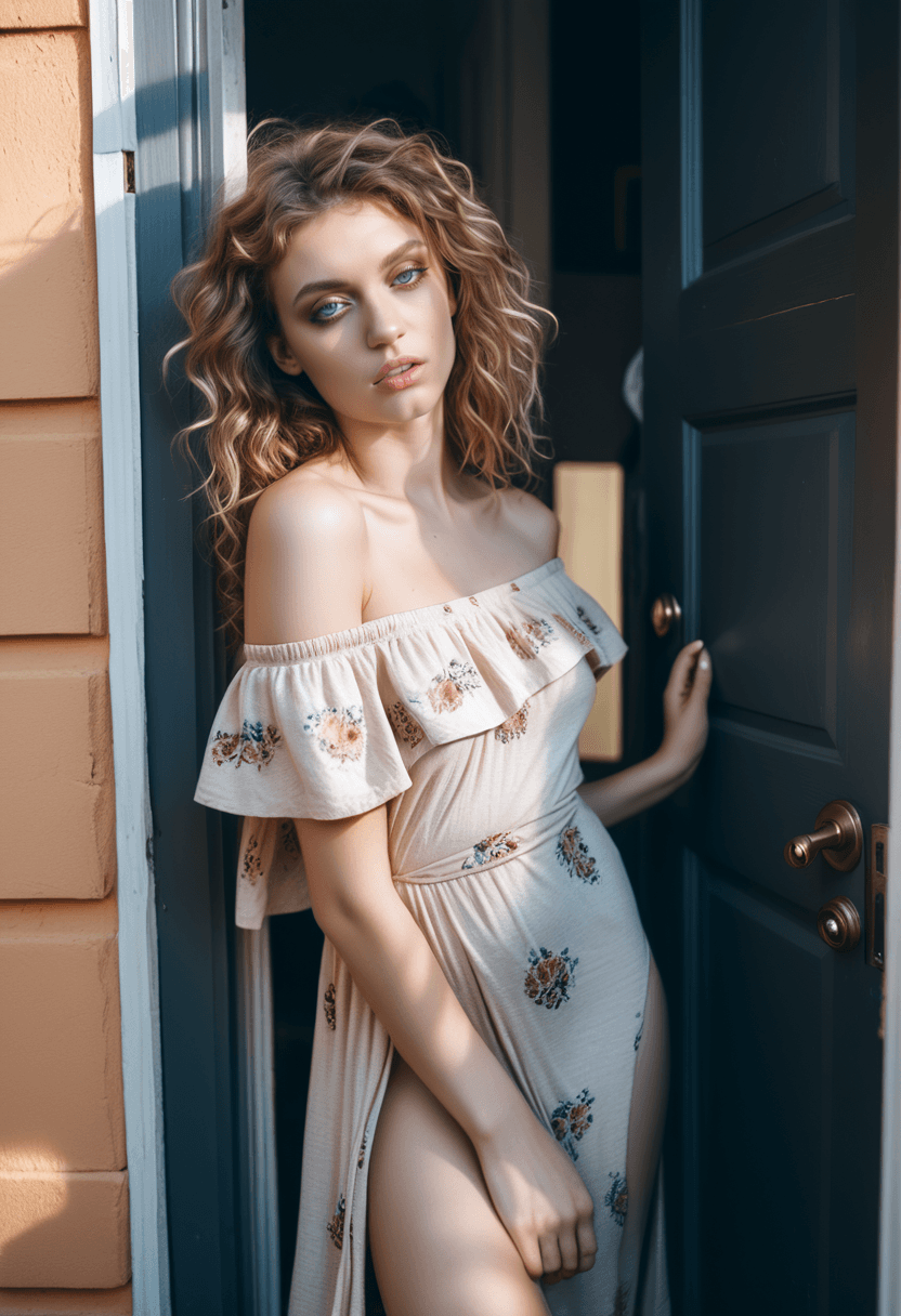 AI generated: This is a photograph of a woman standing in the doorway to her home, leaning up against the door jam...