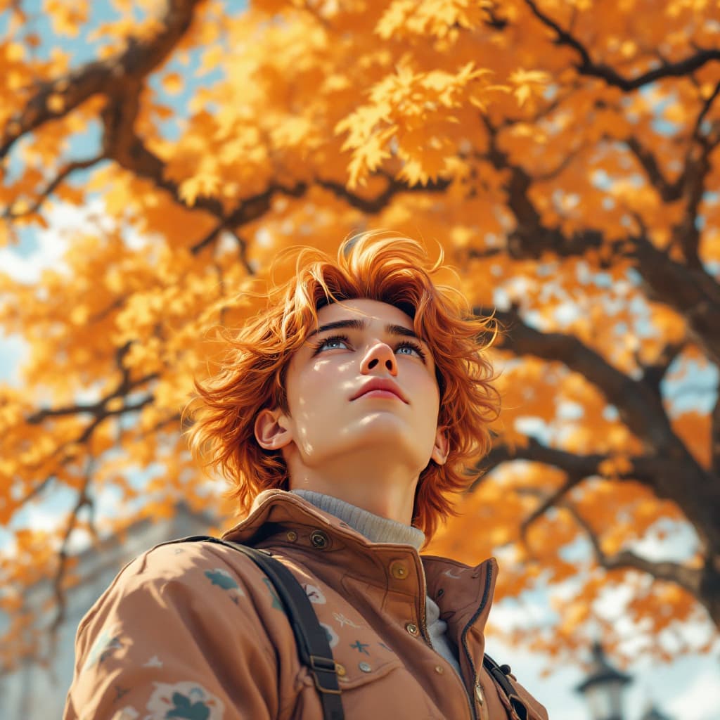 AI generated: Anime handsome guy with orange hair under the orange ginkgo tree looking up in windy day photo taken...