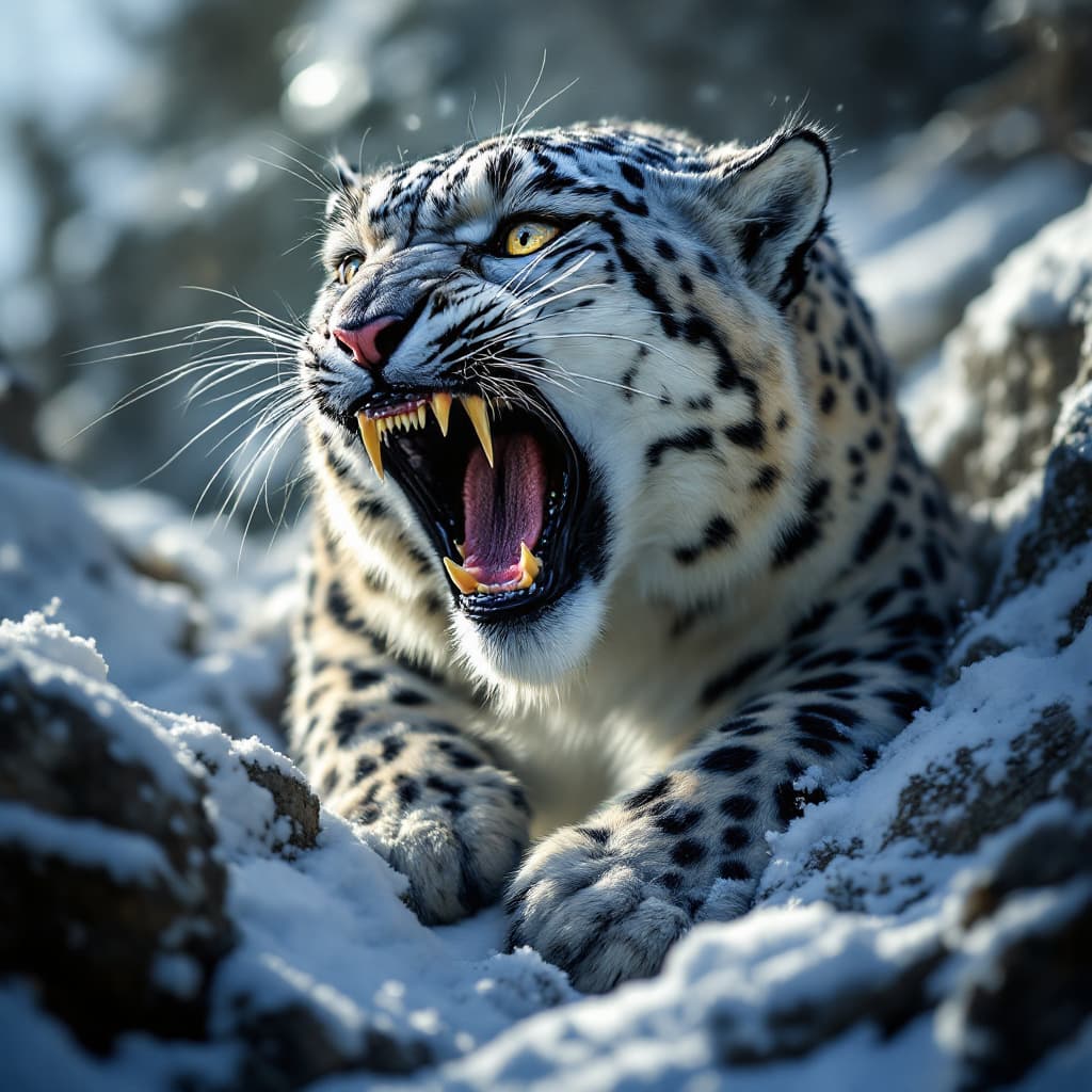 AI generated: photo realistic snow leopard growling,
dramatic lighting