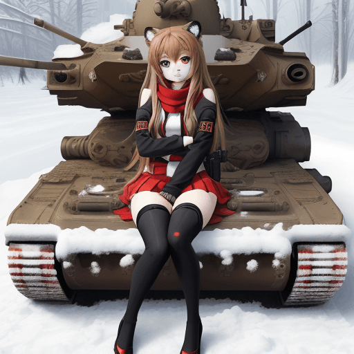 AI generated: taiga aisaka, anime, sit on dirty tank and hug gun turret, winter red school uniform, long hair, hig...