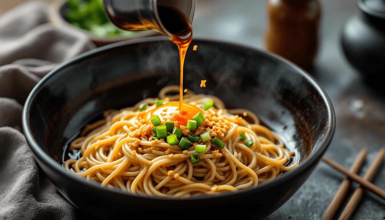AI generated: Japanese udon noodles, ceramic bowl, raw egg yolk, green onions, katsuobushi flakes, pouring soy sau...