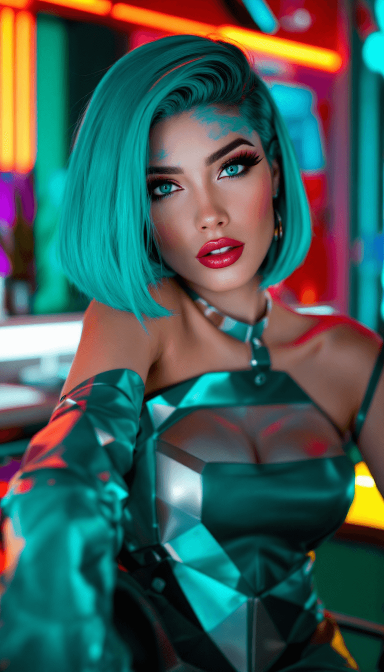 AI generated: A stylish woman with vibrant turquoise hair, styled into a sleek, geometric bob. Her eyes are bright...