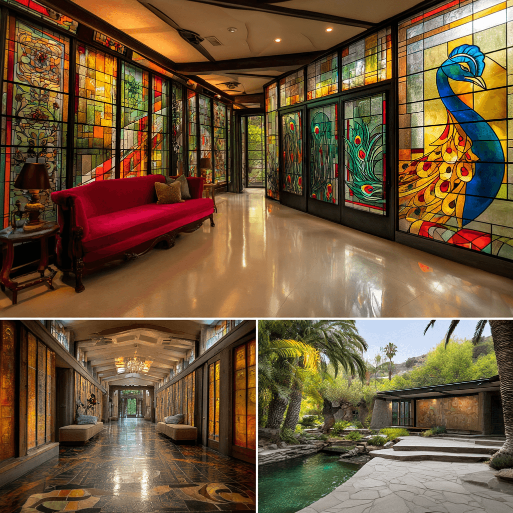 AI generated: breathtaking mid-century modern mansion themed around a peacock, with colorful stained glass,
intri...