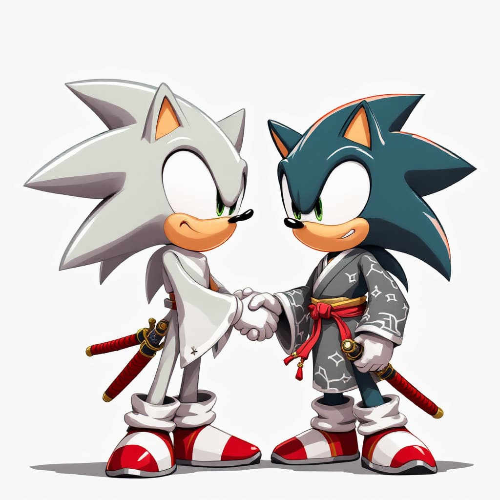 AI generated: Silver the hedgehog and sonic the hedgehog, wearing kimonos, holding swords, standing together holdi...
