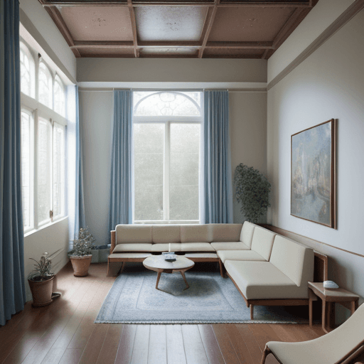 AI generated: High resolution photography interior design, dreamy sunken living room conversation pit, wooden floo...
