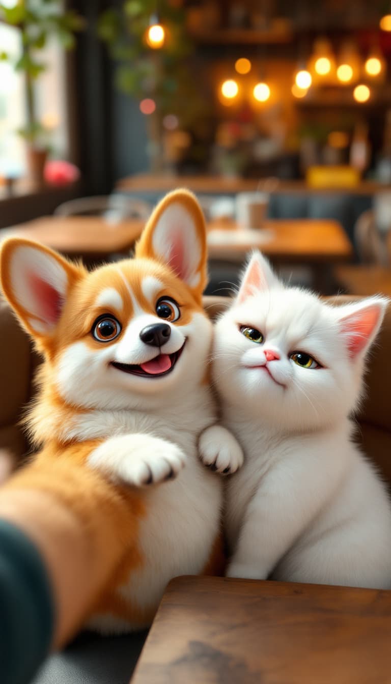 AI generated: An anthropomorphic corgi with big, expressive eyes and a big smile taking a selfie while hugging a f...