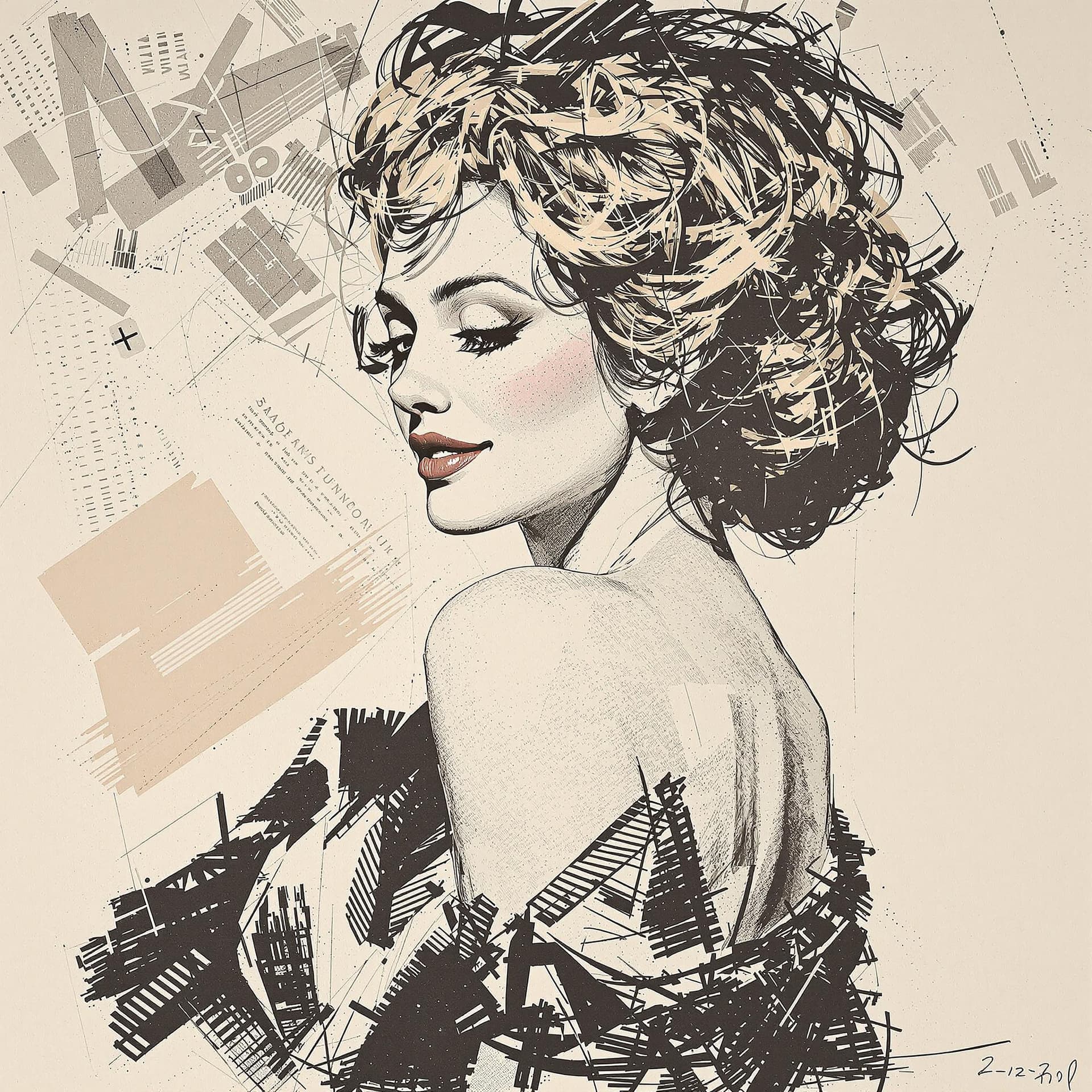 AI generated: lithographie d'une belle femme, vue de côté, léger sourire, fond blanc, éclairage dramatique, esquis...