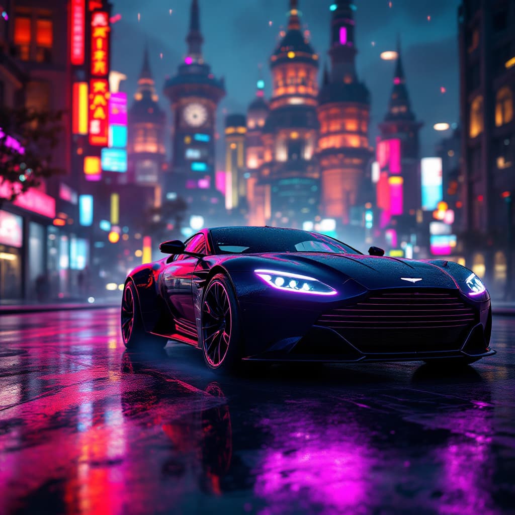 AI generated: Night city, close up digital art of a stunning Aston Martin sports car,  looking at the viewer,   fu...