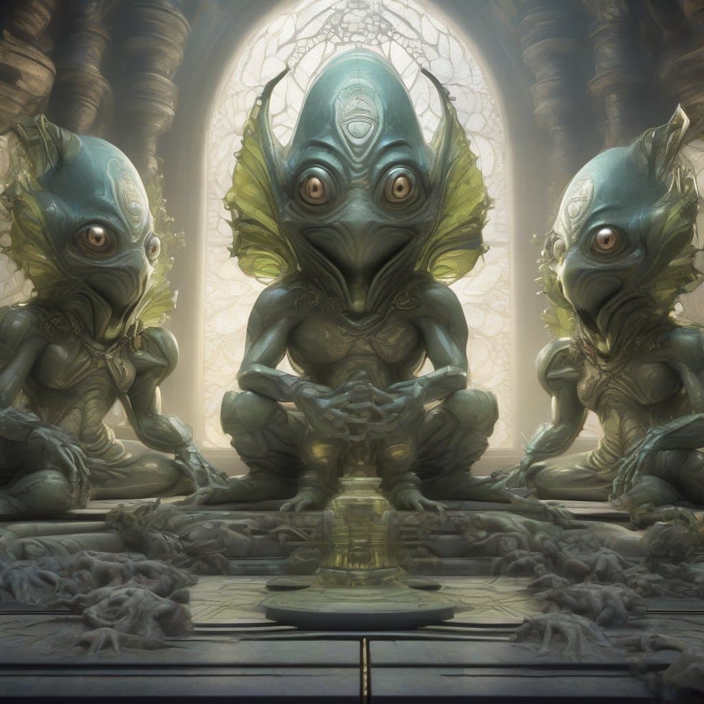 AI generated: A group of alien ( squirrel-emu ) priests (detailed faces) of an extraterrestrial cult performing st...