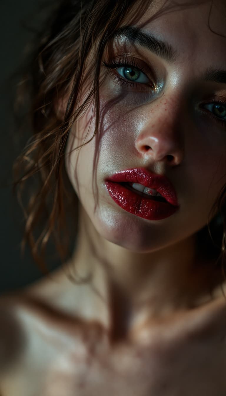 AI generated: high-resolution photograph, woman, ugly scar in the lips, exposed body,  stunning use of shadows, in...