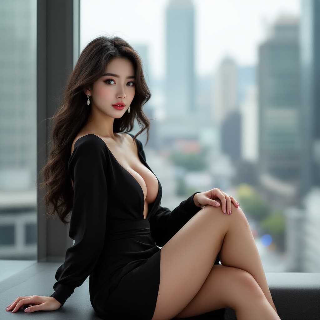 AI generated: A Japanese female,The woman is seated with one leg crossed over the other, highlighting the curves o...