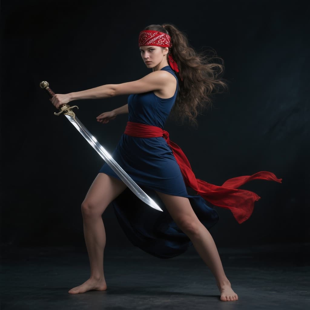 AI generated: Full-body view of a proud female warrior stands in a dynamic pose, brandishing a gleaming sword. She...