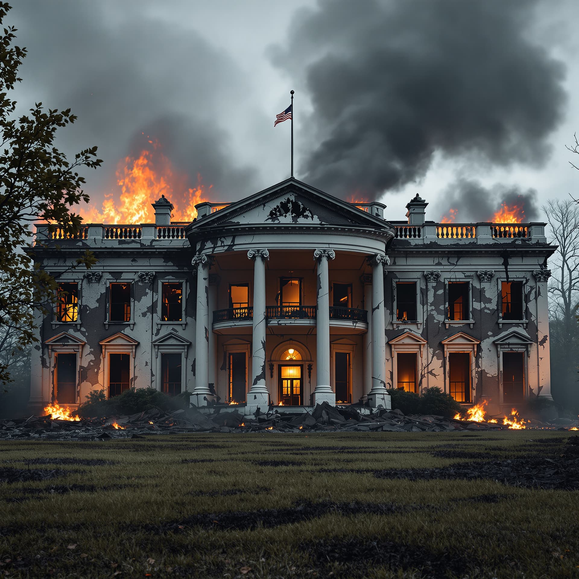 AI generated: front view of a post world war 3 destroyed with walls missing, THE BUILDING IS CRUMBLING AND ENGULFE...
