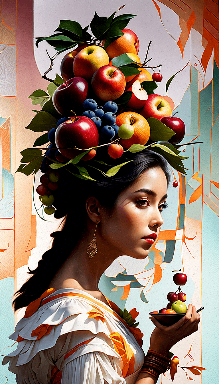 AI generated: The image features a woman wearing a unique headpiece made of fruits and vegetables. She is holding ...