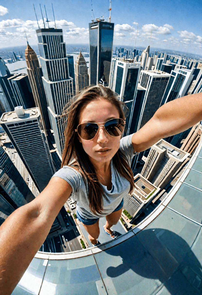 AI generated: iphone photo selfie of a woman, from above, fisheye lens, perfect eyes, standing on the top of a sky...