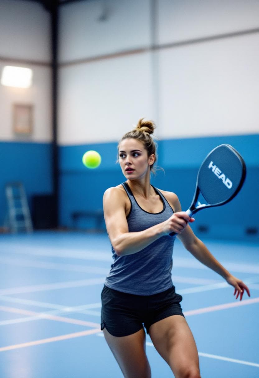 AI generated: A beautiful woman playing padel ball in an indoor padel court, she has a Head Evo padel racket in ha...