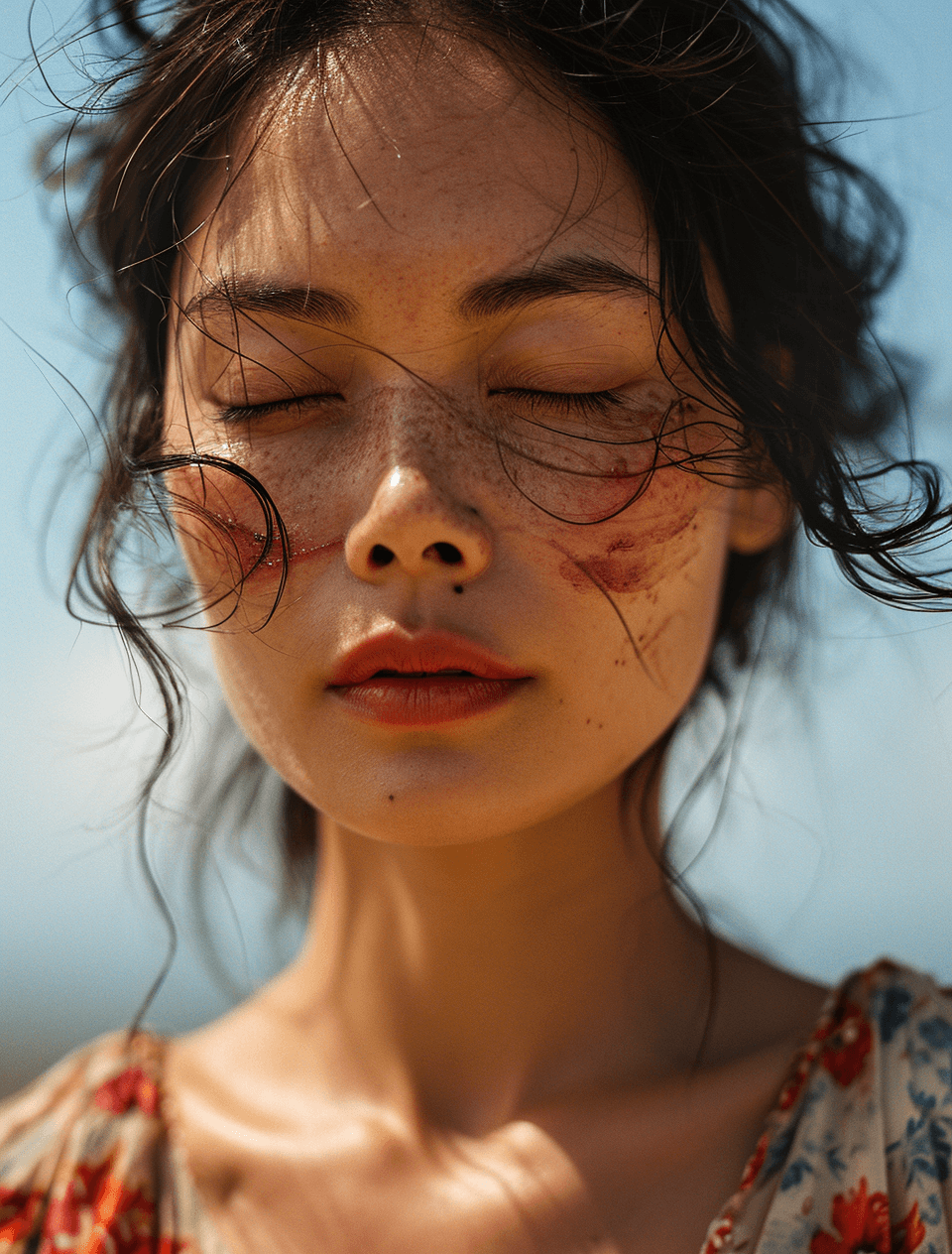 AI generated: low angle portrait, Ektachrome film still of an Asian woman with her eyes closed and with some bruis...