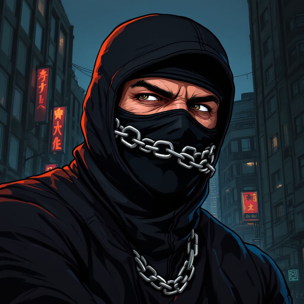 AI generated: Illustration cartoon of a man in a black mask with a chain around his mouth, gta chinatowon art styl...
