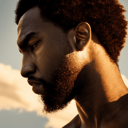 AI generated: symmetry, hyper realistic photograph, portrait of a stunning black man, profile, summer, dramatic li...