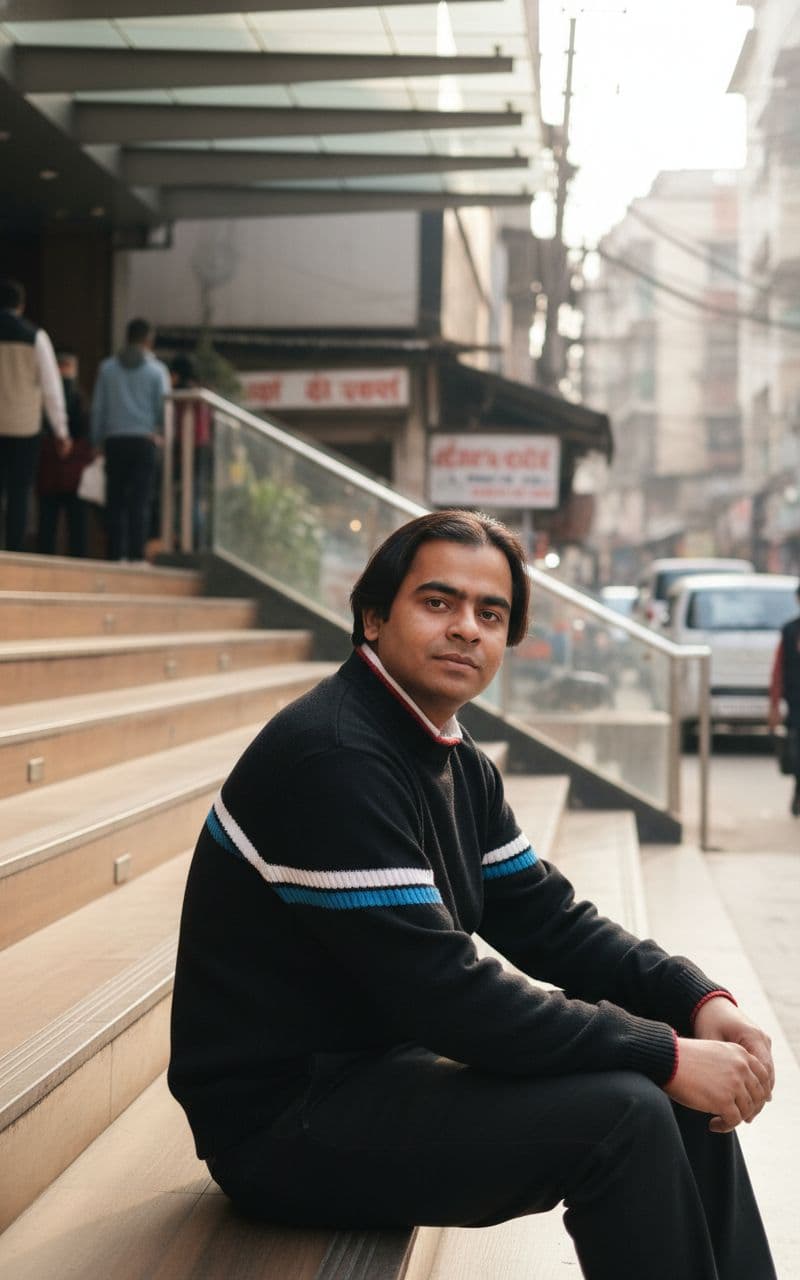 AI generated: Outdoor shot of a man in background of new friends colony cc market( new delhi)  (referencing the up...